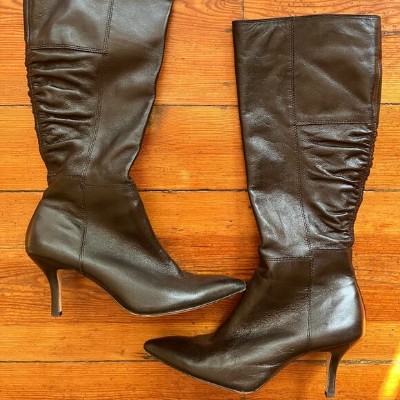 Leather Black Knee Boot- Pointed Toe - Picture 1 of 6